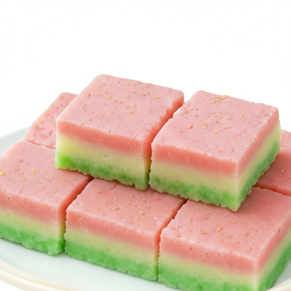 Pink and green layered dessert squares on a white plate